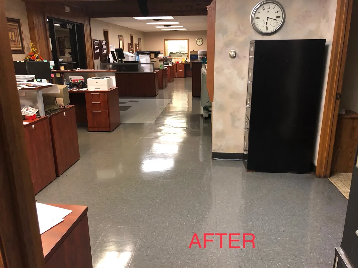 Polished VCT hallway floor in an office building